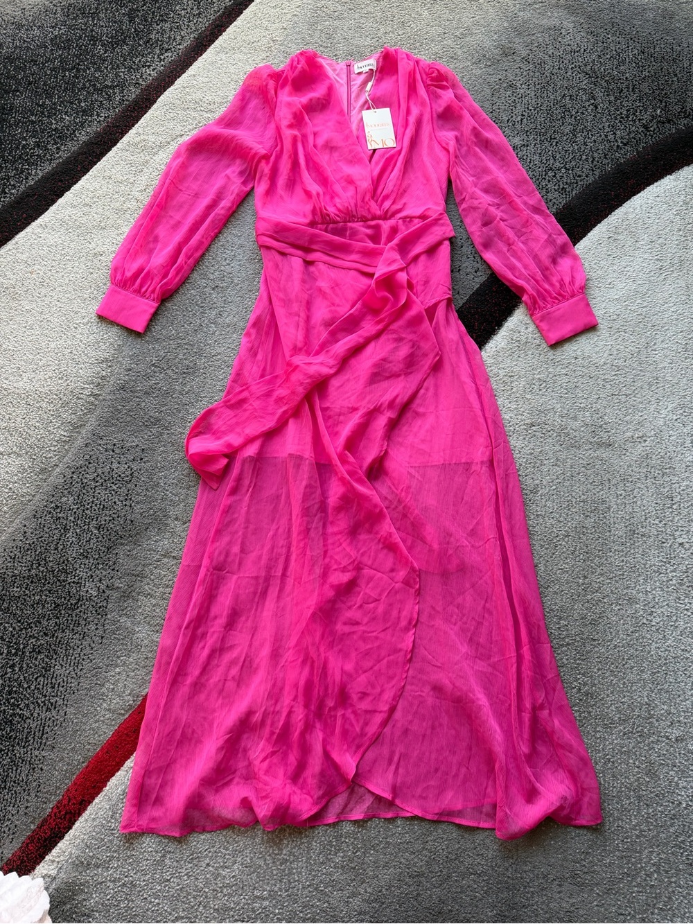 Modesees Hot Pink Sheer Long Sleeve Faux Wrap Dress